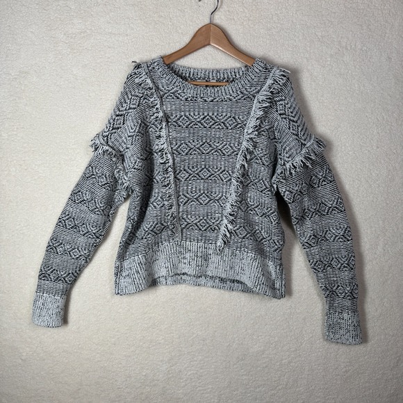 GAP Sweaters - Gap Womens XXL Wool Blend Boho‎ Fringe Black White Chunky Knit Geometric Sweater